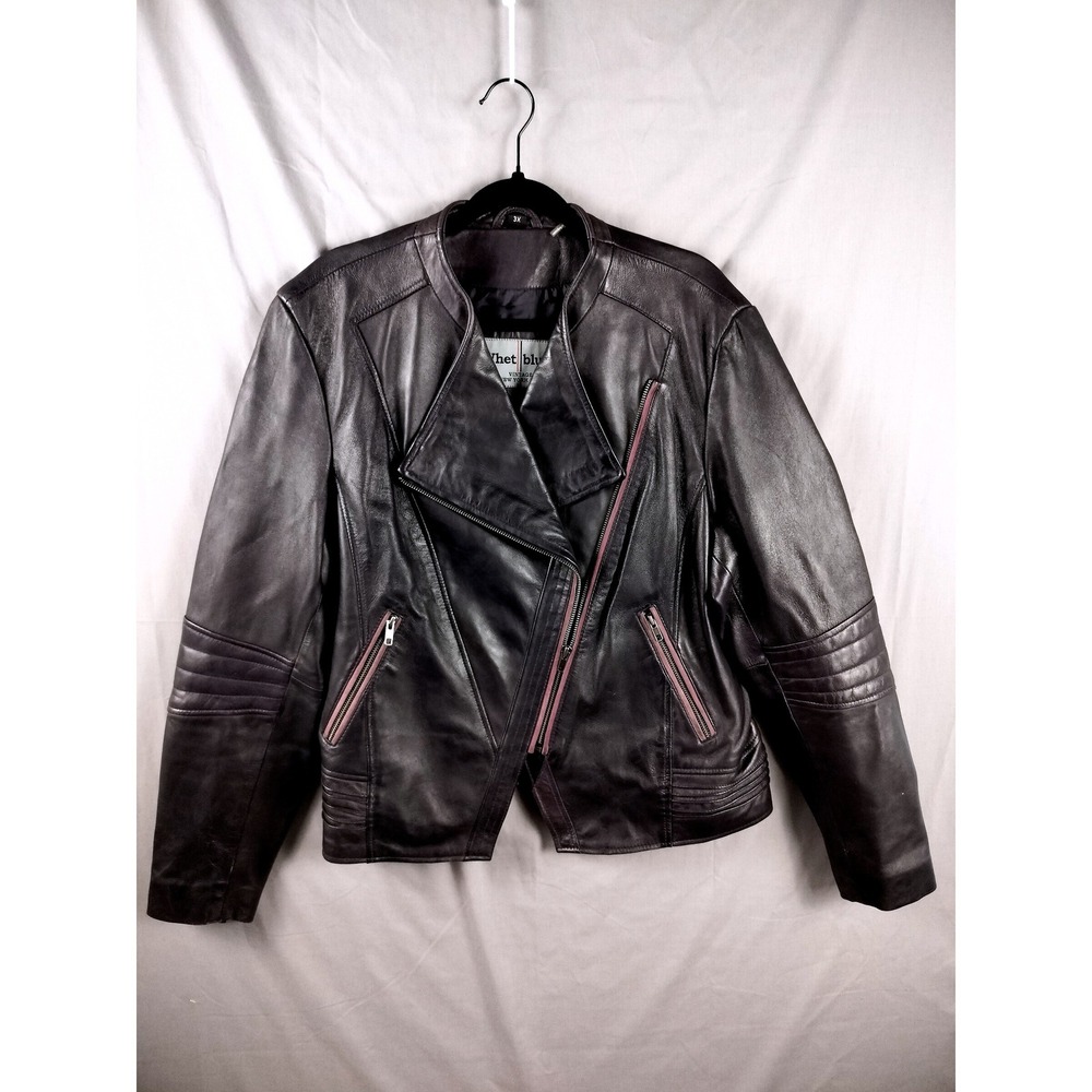 Whet Blu Leather Jacket Women 3X Black Purple Asymmetrical Moto Biker Goth Edgy